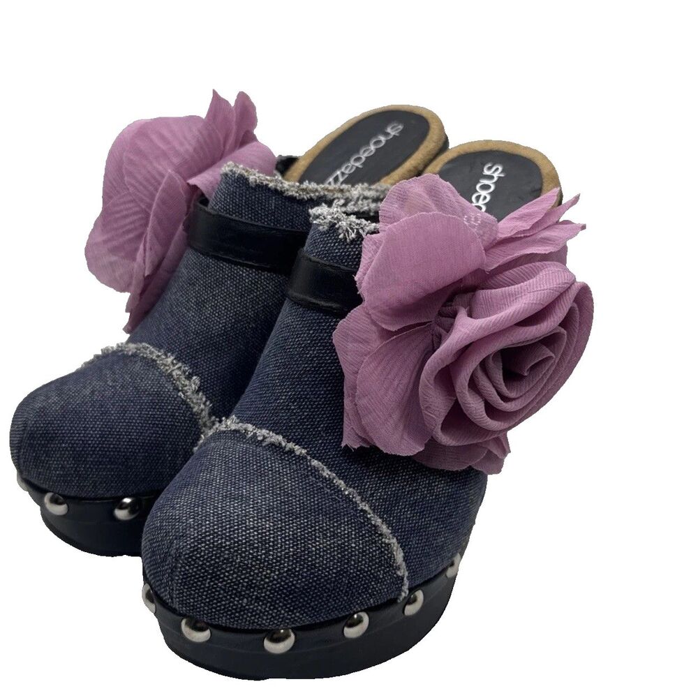 ShoeDazzle Women’s Denim Floral Platform Heels Open Toe Studded Mules Sz 7 - Picture 6 of 12